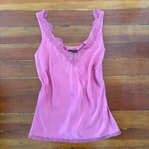 Y2K 100% Silk Lace Trim Cami Pink Tesori LARGE
